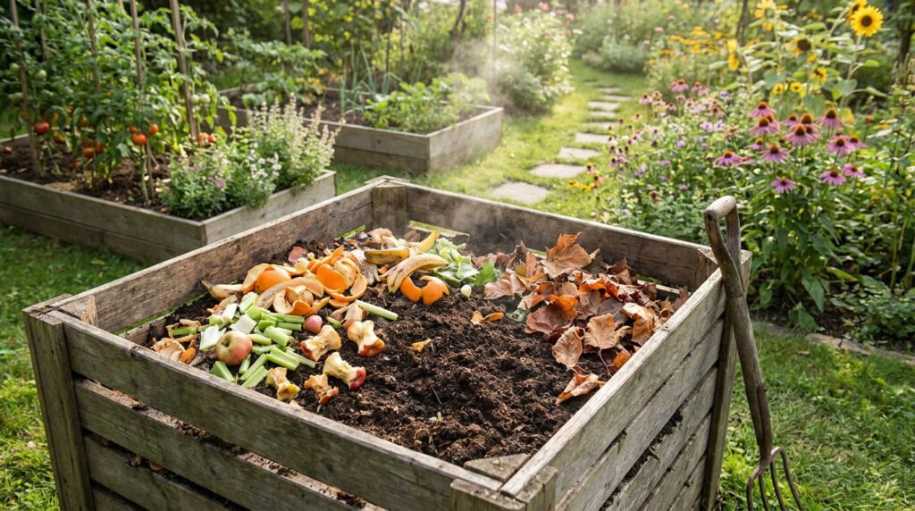 Un bac à compost en bois rempli de déchets organiques fumants, situé dans un potager verdoyant et fleuri.