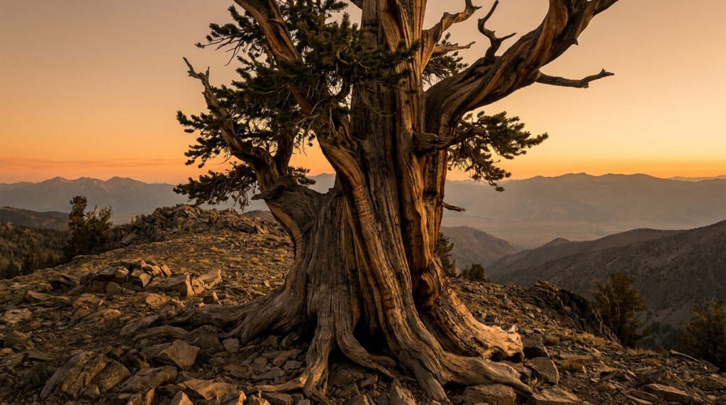 Un arbre ancien et noueux trône sur un sommet rocheux sous un ciel de coucher de soleil doré.