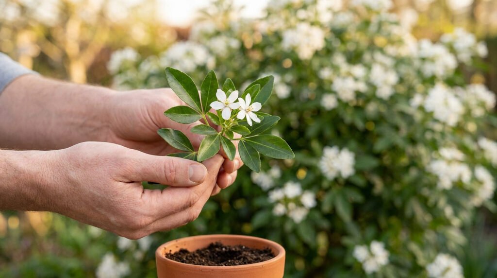 Mains tenant une bouture d'oranger du Mexique fleurie au-dessus d'un pot de terre.