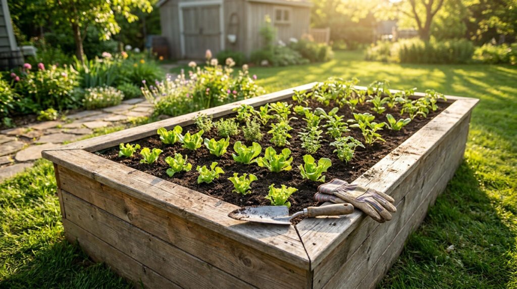 Un carré potager en bois rempli de jeunes plants dans un jardin ensoleillé, avec une truelle et des gants de jardinage.