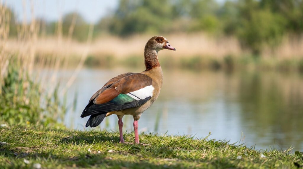 Une ouette d'Égypte au plumage brun et aux pattes rosées se tient sur une berge herbeuse au bord d'un étang.