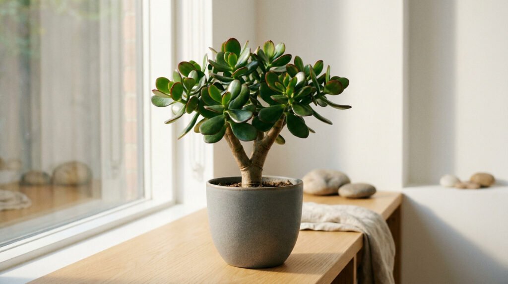 Un arbre de jade en pot gris posé sur un rebord de fenêtre en bois baigné par une douce lumière naturelle.