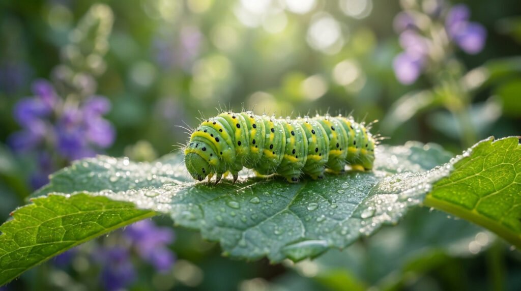 Une grosse chenille verte avec des taches noires sur une feuille humide, sous une lumière douce et naturelle.