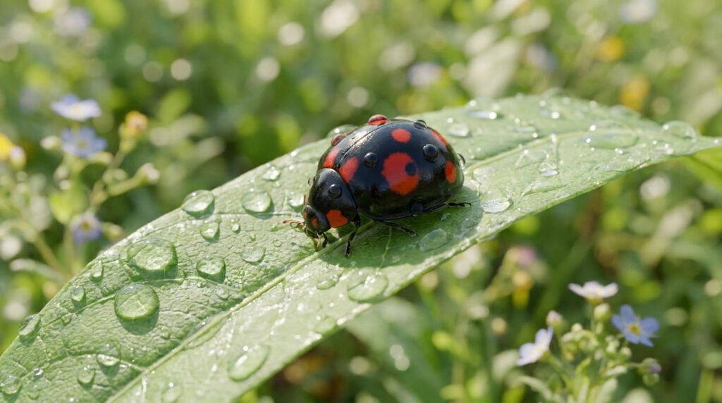 Une coccinelle noire à points rouges sur une feuille verte humide, parsemée de gouttelettes de rosée.