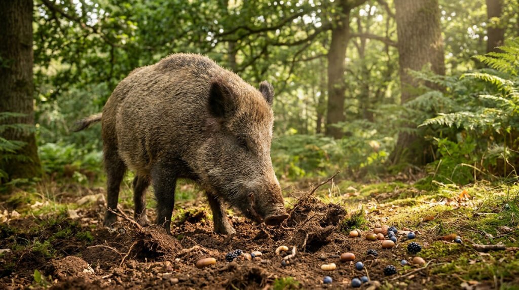 Un sanglier fouillant le sol forestier à la recherche de nourriture parmi des baies et des glands.